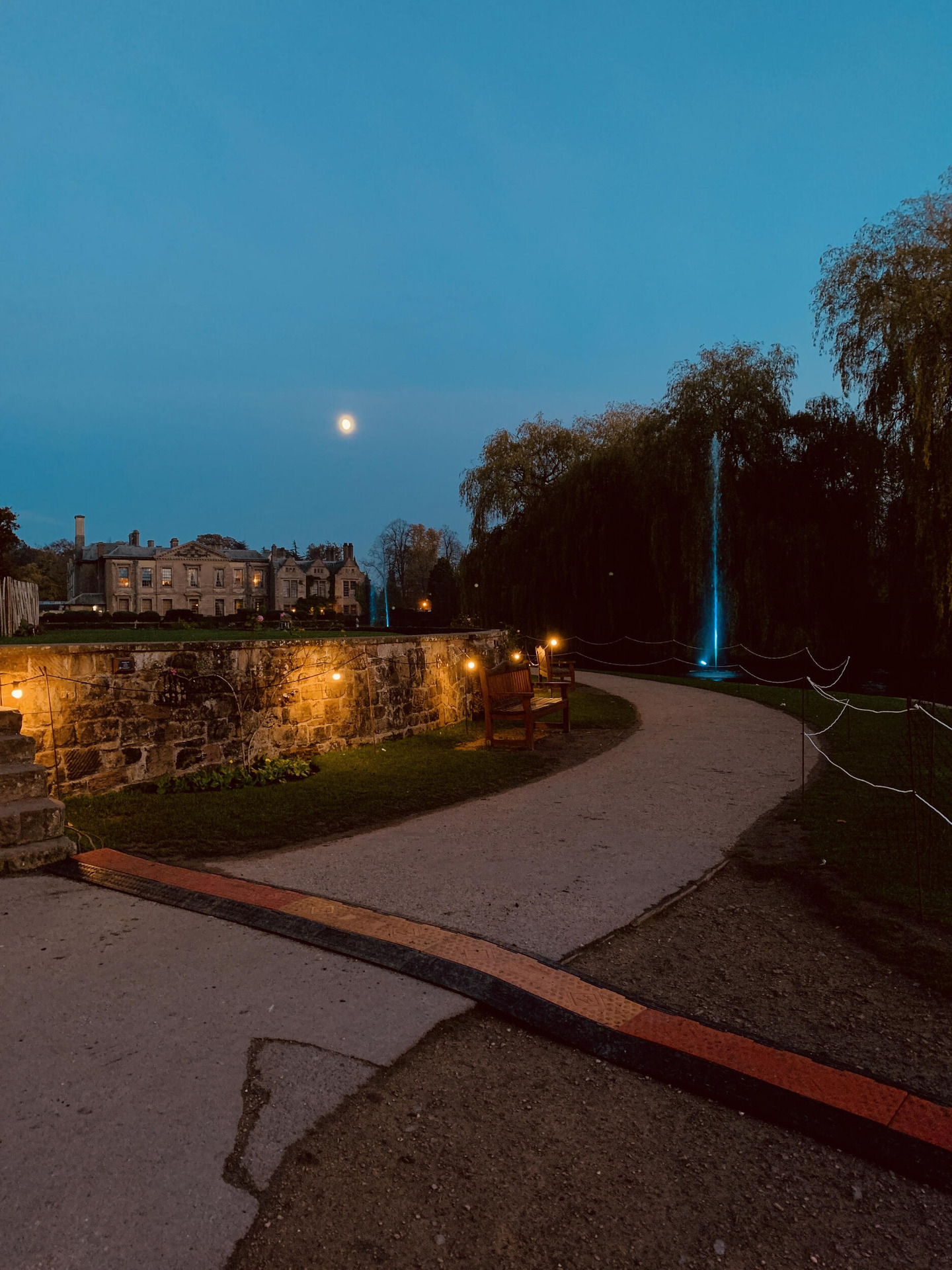 Winter light trail path at dusk beside Coombe Abbey